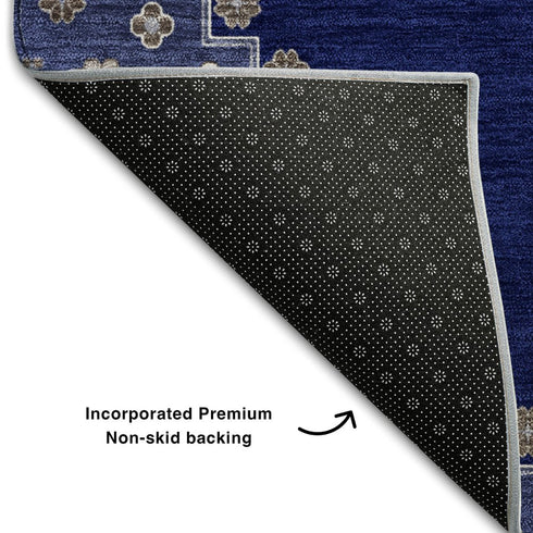 8' X 10' Navy Blue Ivory And Gray Oriental Washable Area Rug With UV Protection