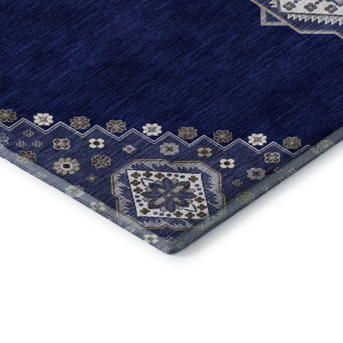 8' X 10' Navy Blue Ivory And Gray Oriental Washable Area Rug With UV Protection