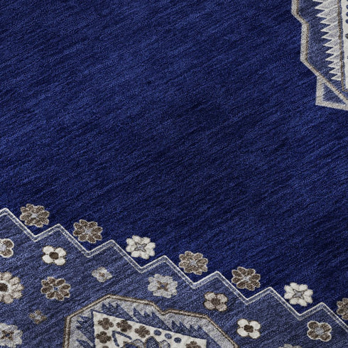 8' X 10' Navy Blue Ivory And Gray Oriental Washable Area Rug With UV Protection
