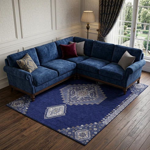 8' X 10' Navy Blue Ivory And Gray Oriental Washable Area Rug With UV Protection