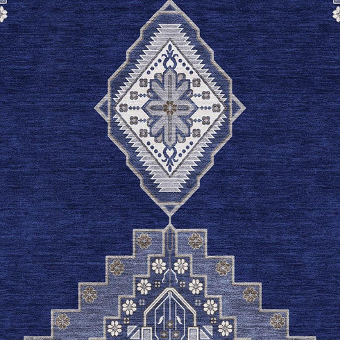 8' X 10' Navy Blue Ivory And Gray Oriental Washable Area Rug With UV Protection