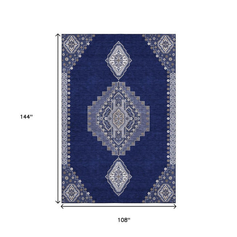 9' X 12' Navy Blue Ivory And Gray Oriental Washable Area Rug With UV Protection