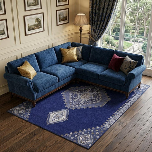 9' X 12' Navy Blue Ivory And Gray Oriental Washable Area Rug With UV Protection
