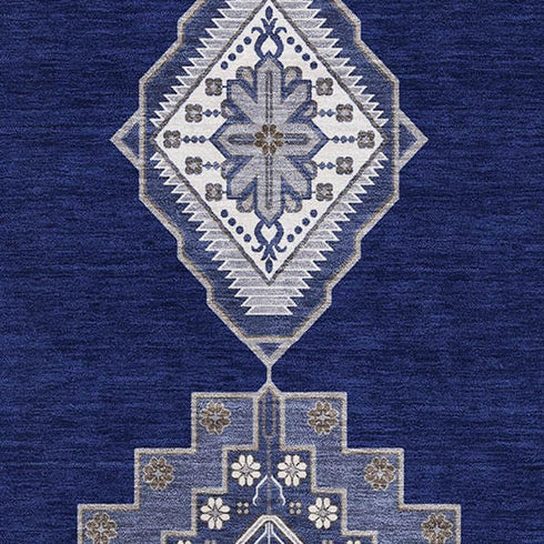 9' X 12' Navy Blue Ivory And Gray Oriental Washable Area Rug With UV Protection
