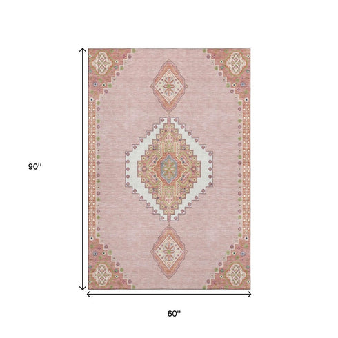 5' X 8' Pink Ivory And Gray Oriental Washable Area Rug With UV Protection