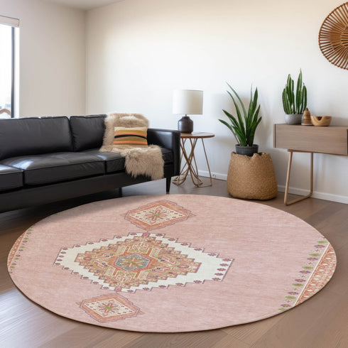 8' Pink Ivory And Gray Oriental Washable Round Rug With UV Protection
