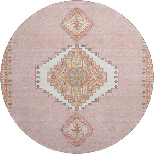 8' Pink Ivory And Gray Oriental Washable Round Rug With UV Protection
