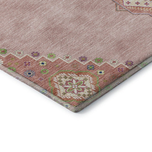 8' Pink Ivory And Gray Oriental Washable Round Rug With UV Protection