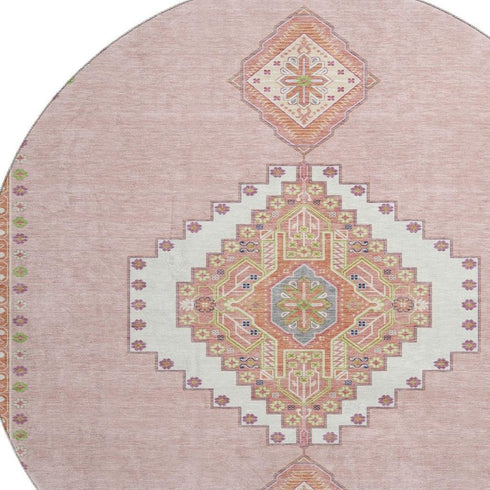 8' Pink Ivory And Gray Oriental Washable Round Rug With UV Protection