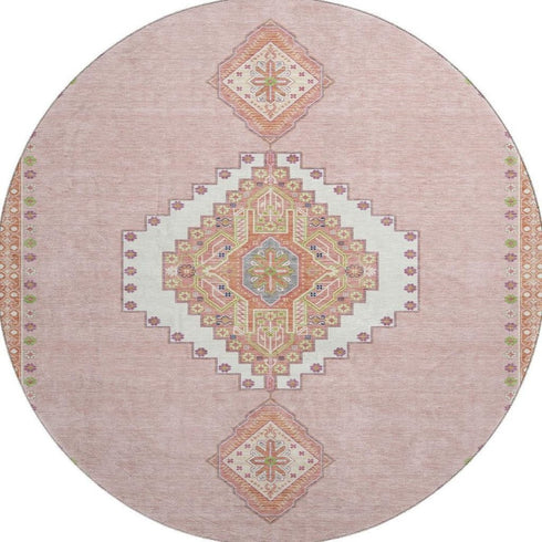 8' Pink Ivory And Gray Oriental Washable Round Rug With UV Protection