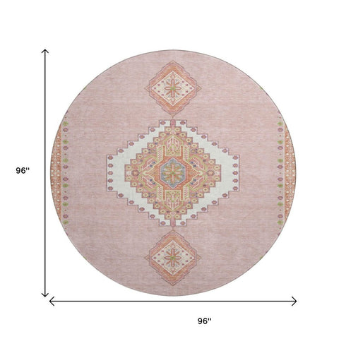 8' Pink Ivory And Gray Oriental Washable Round Rug With UV Protection