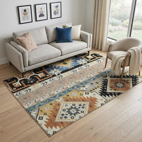 5' X 8' Black Copper And Gold Southwestern Washable Area Rug With UV Protection