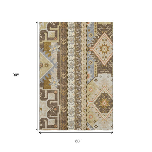 5' X 8' Brown Gray And Gold Southwestern Washable Area Rug With UV Protection