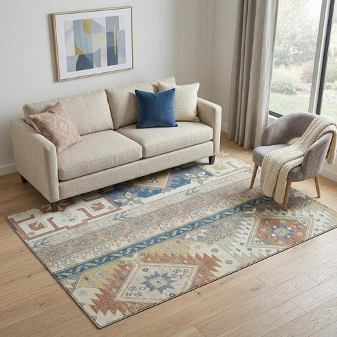 5' X 8' Ivory Copper And Teal Southwestern Washable Area Rug With UV Protection