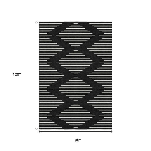 8' X 10' Black And Ivory Geometric Washable Area Rug With UV Protection