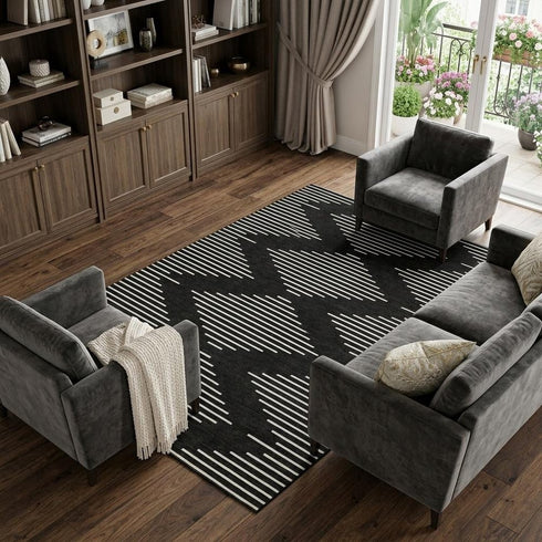 8' X 10' Black And Ivory Geometric Washable Area Rug With UV Protection