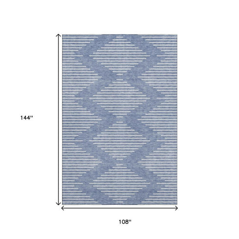 9' X 12' Denim Blue And Ivory Geometric Washable Area Rug With UV Protection