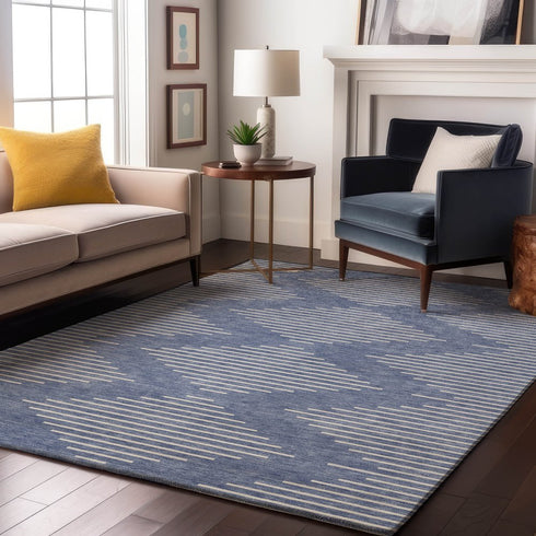 9' X 12' Denim Blue And Ivory Geometric Washable Area Rug With UV Protection