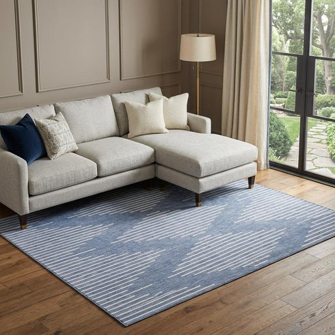 9' X 12' Denim Blue And Ivory Geometric Washable Area Rug With UV Protection
