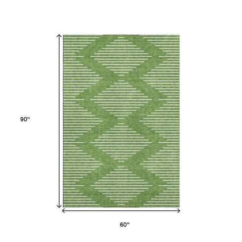 5' X 8' Green And Ivory Geometric Washable Area Rug With UV Protection