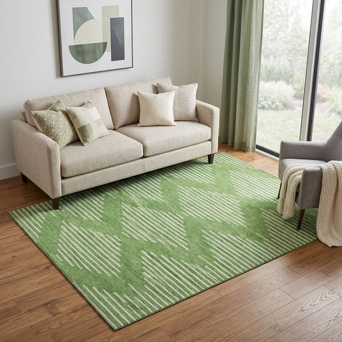 5' X 8' Green And Ivory Geometric Washable Area Rug With UV Protection