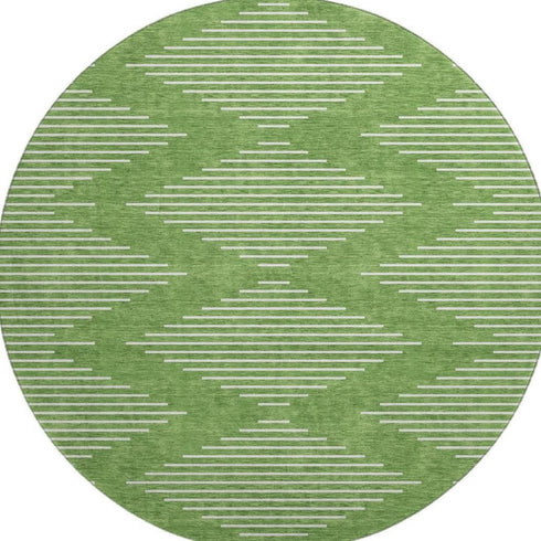 8' Green And Ivory Geometric Washable Round Rug With UV Protection