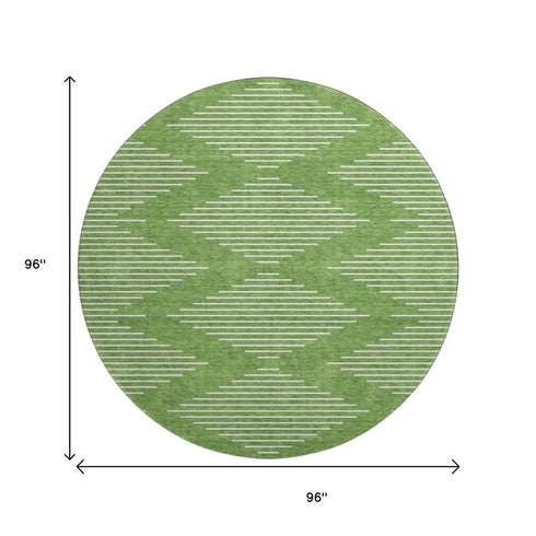 8' Green And Ivory Geometric Washable Round Rug With UV Protection