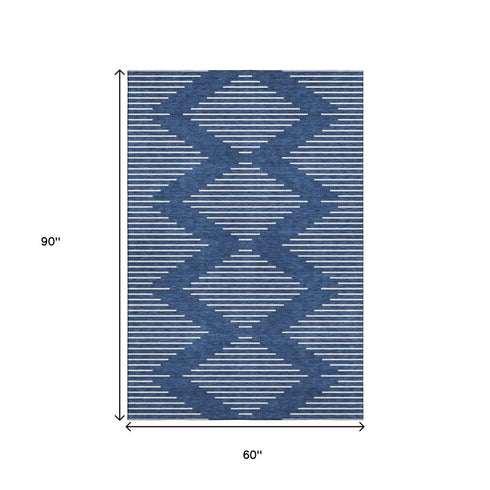 5' X 8' Navy Blue And Ivory Geometric Washable Area Rug With UV Protection