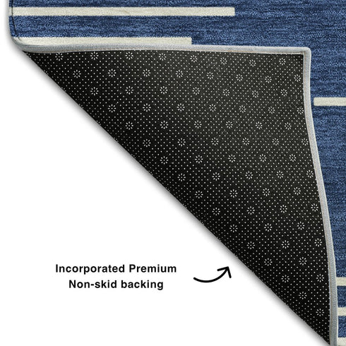 5' X 8' Navy Blue And Ivory Geometric Washable Area Rug With UV Protection