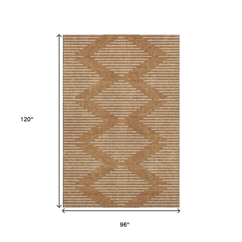 8' X 10' Rust And Beige Geometric Washable Area Rug With UV Protection