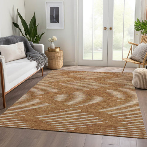 8' X 10' Rust And Beige Geometric Washable Area Rug With UV Protection