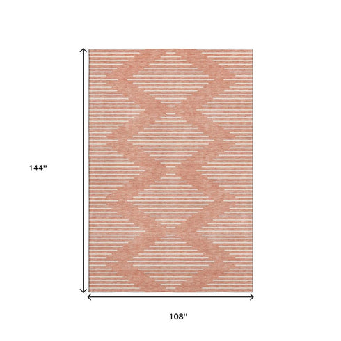 9' X 12' Salmon And Ivory Geometric Washable Area Rug With UV Protection