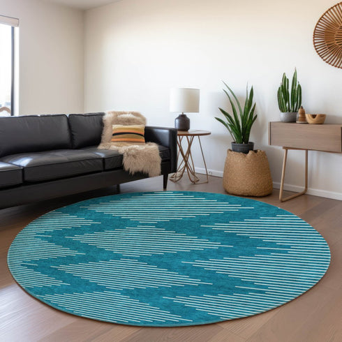 8' Teal And Ivory Geometric Washable Round Rug With UV Protection