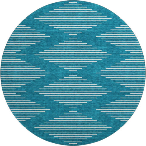 8' Teal And Ivory Geometric Washable Round Rug With UV Protection