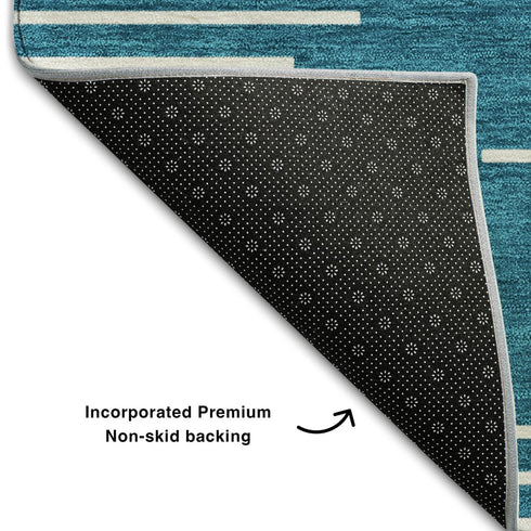 8' Teal And Ivory Geometric Washable Round Rug With UV Protection