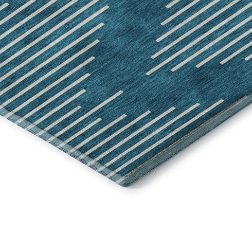 8' Teal And Ivory Geometric Washable Round Rug With UV Protection
