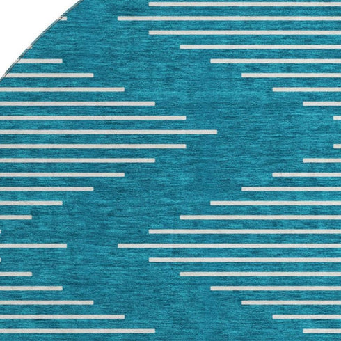 8' Teal And Ivory Geometric Washable Round Rug With UV Protection