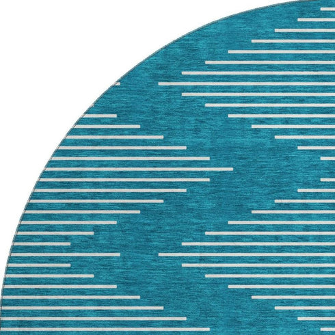 8' Teal And Ivory Geometric Washable Round Rug With UV Protection