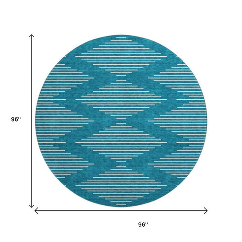 8' Teal And Ivory Geometric Washable Round Rug With UV Protection