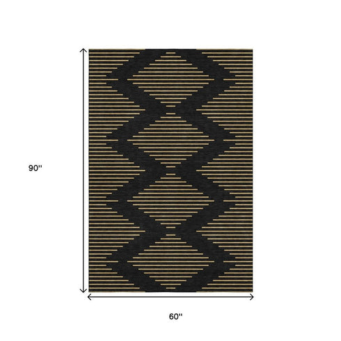 5' X 8' Black And Gold Geometric Washable Area Rug With UV Protection