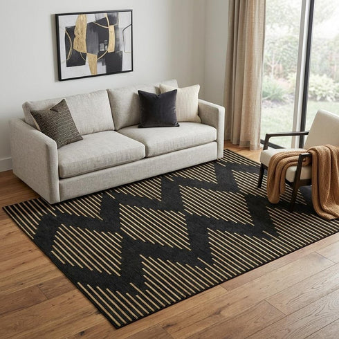 5' X 8' Black And Gold Geometric Washable Area Rug With UV Protection