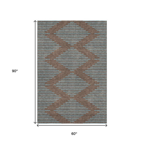 5' X 8' Brown And Sky Blue Geometric Washable Area Rug With UV Protection