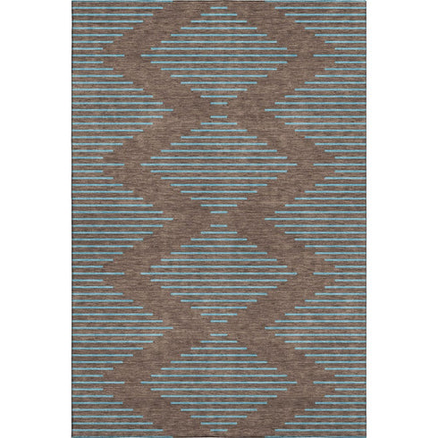 5' X 8' Brown And Sky Blue Geometric Washable Area Rug With UV Protection