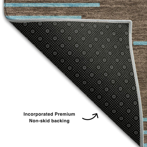 5' X 8' Brown And Sky Blue Geometric Washable Area Rug With UV Protection