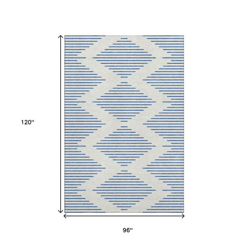 8' X 10' Ivory And Navy Blue Geometric Washable Area Rug With UV Protection