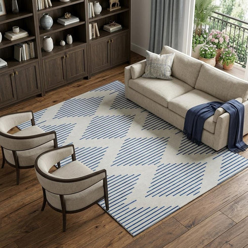 8' X 10' Ivory And Navy Blue Geometric Washable Area Rug With UV Protection