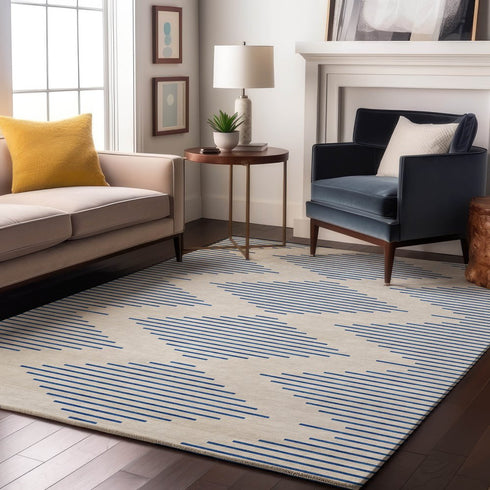 8' X 10' Ivory And Navy Blue Geometric Washable Area Rug With UV Protection