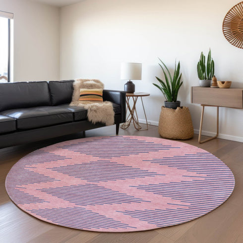 8' Pink And Navy Blue Geometric Washable Round Rug With UV Protection