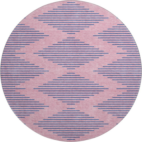 8' Pink And Navy Blue Geometric Washable Round Rug With UV Protection