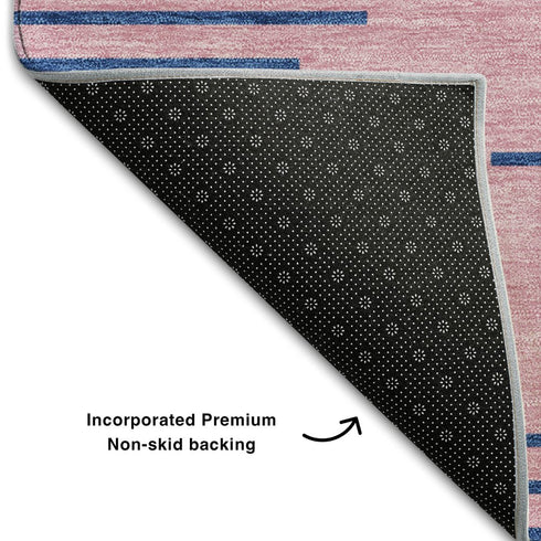 8' Pink And Navy Blue Geometric Washable Round Rug With UV Protection